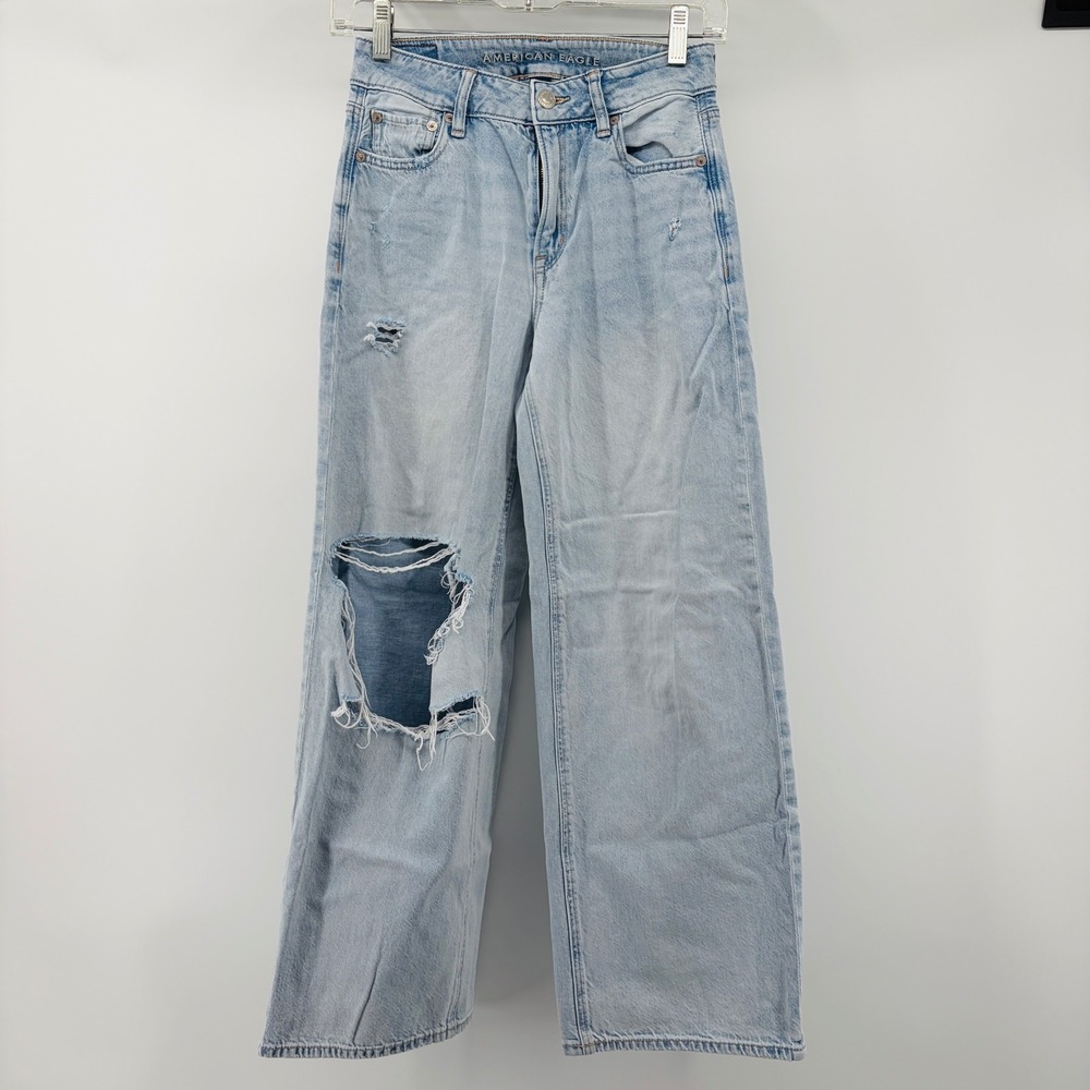 American Eagle Jeans 000 Super High Rise Baggy Wide Leg Ankle Strigid Light Wash